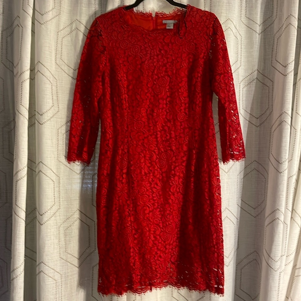 H & M Women’s M Red Lace Midi Dress Red Slip Inside Fringed Sleeve/Hem Back Zip